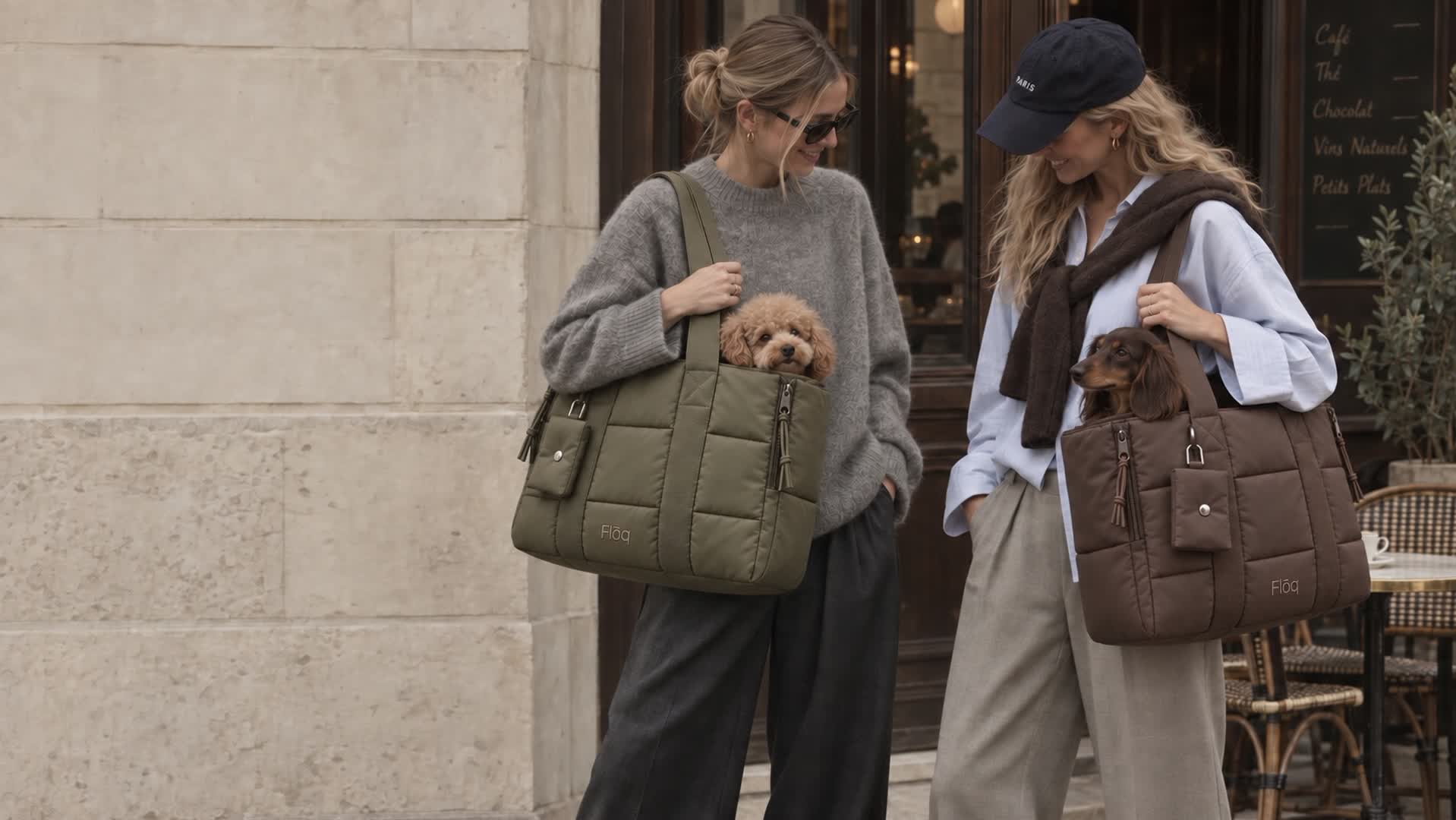 Olive and Mocha Flōq carriers, shared moments at a café